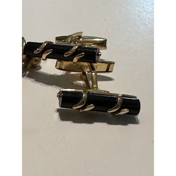 Vintage Emmons Cufflinks Tie Tack Pin Black Onyx gold tone Mid Century Wedding - Picture 5 of 9